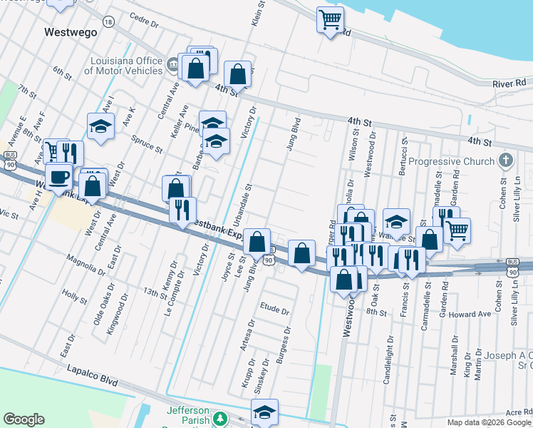 map of restaurants, bars, coffee shops, grocery stores, and more near 732 Jung Boulevard in Marrero
