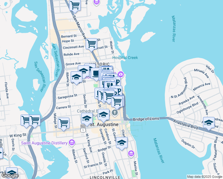 map of restaurants, bars, coffee shops, grocery stores, and more near 39 Saint George Street in St. Augustine