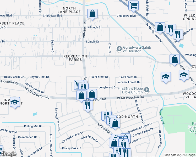 map of restaurants, bars, coffee shops, grocery stores, and more near 5807 Fair Forest Drive in Houston