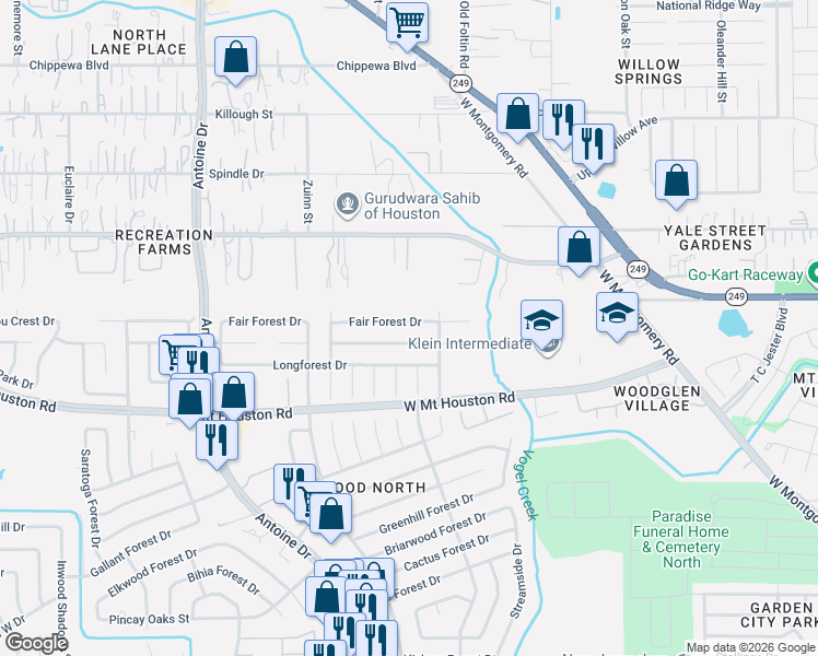 map of restaurants, bars, coffee shops, grocery stores, and more near 5523 Fair Forest Drive in Houston