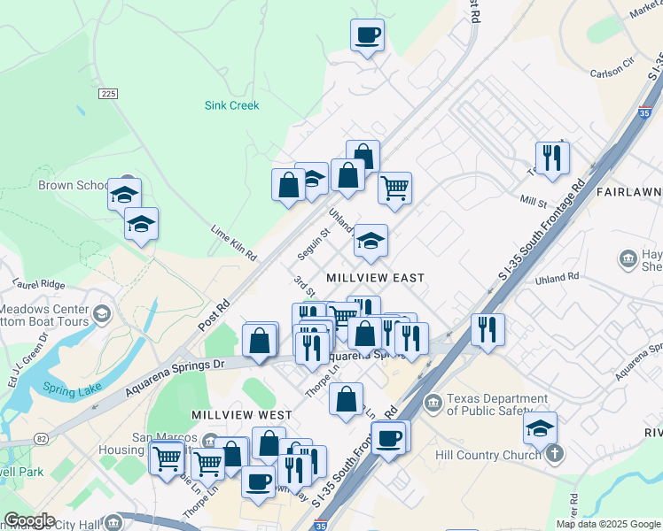 map of restaurants, bars, coffee shops, grocery stores, and more near 408 Lockhart Street in San Marcos