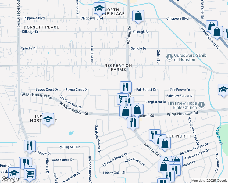 map of restaurants, bars, coffee shops, grocery stores, and more near 6115 Downwood Forest Drive in Houston