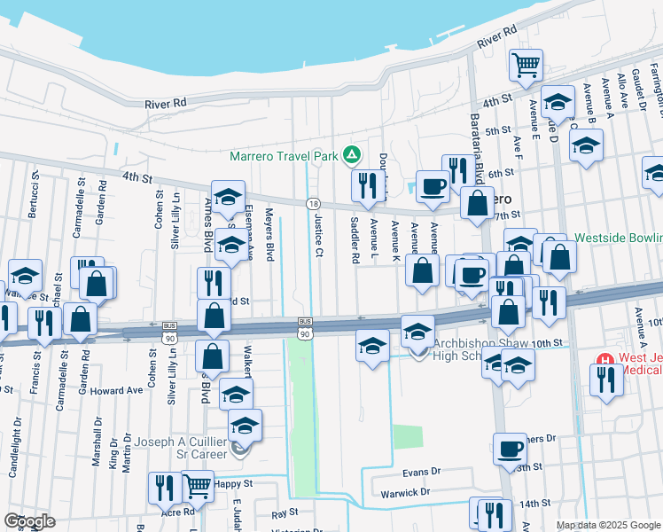 map of restaurants, bars, coffee shops, grocery stores, and more near 200 Robinson Avenue in Marrero