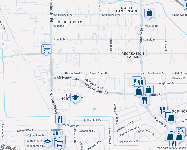 map of restaurants, bars, coffee shops, grocery stores, and more near 6603 Bayou Crest Drive in Houston