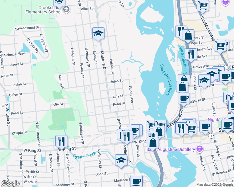 map of restaurants, bars, coffee shops, grocery stores, and more near 77 Palmer Street in St. Augustine