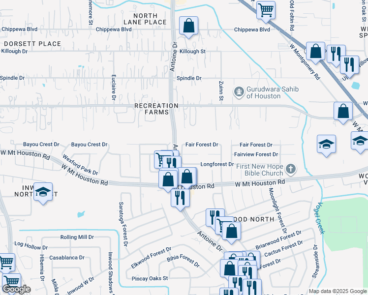 map of restaurants, bars, coffee shops, grocery stores, and more near 5835 Fair Forest Drive in Houston