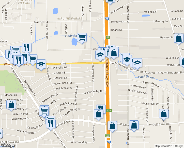 map of restaurants, bars, coffee shops, grocery stores, and more near 802 Mosher Lane in Houston