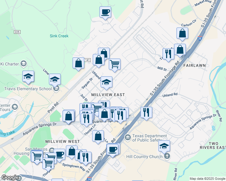 map of restaurants, bars, coffee shops, grocery stores, and more near 501 Uhland Road in San Marcos