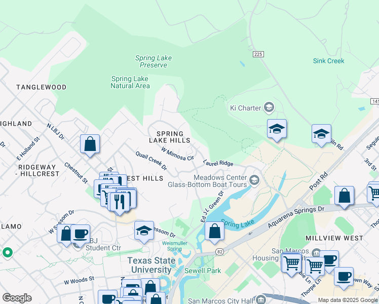 map of restaurants, bars, coffee shops, grocery stores, and more near 100 East Mimosa Circle in San Marcos