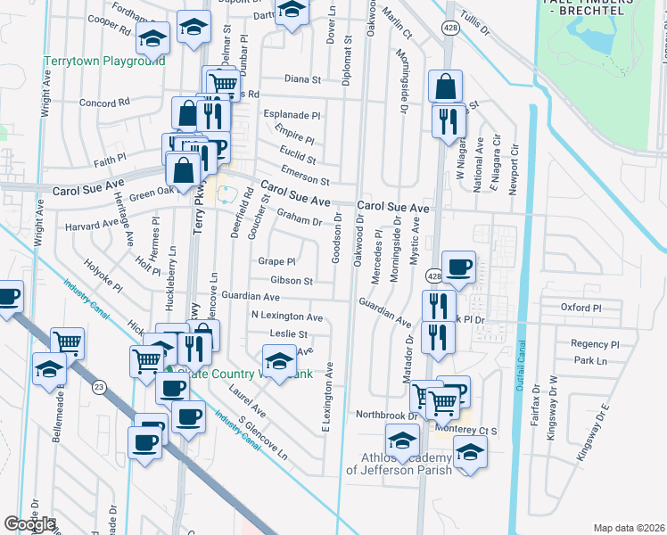 map of restaurants, bars, coffee shops, grocery stores, and more near 756 Goodson Drive in Terrytown