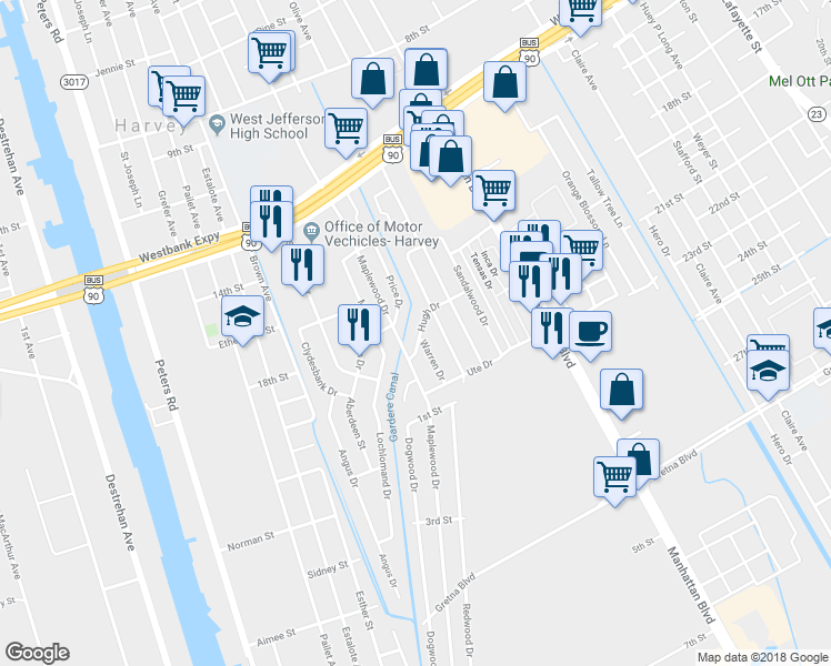map of restaurants, bars, coffee shops, grocery stores, and more near 1924 Hugh Drive in Harvey