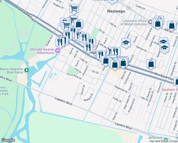map of restaurants, bars, coffee shops, grocery stores, and more near 614 Vic Street in Westwego