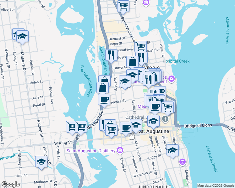 map of restaurants, bars, coffee shops, grocery stores, and more near 14 Riberia Street in St. Augustine