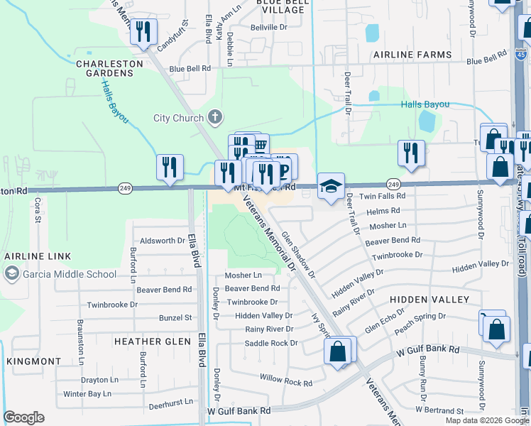 map of restaurants, bars, coffee shops, grocery stores, and more near 1338 Rim Rock Drive in Houston