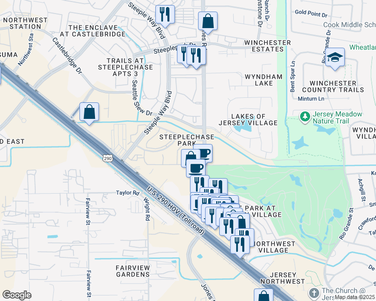 map of restaurants, bars, coffee shops, grocery stores, and more near 11015 Pleasant Colony Drive in Jersey Village