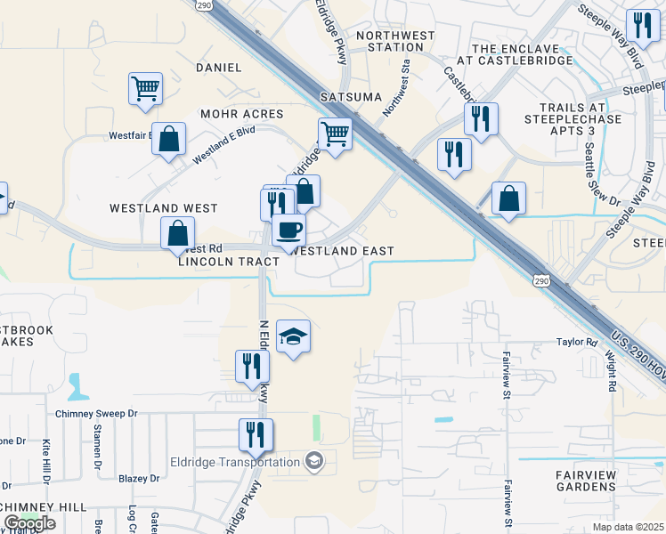 map of restaurants, bars, coffee shops, grocery stores, and more near 13333 West Road in Houston