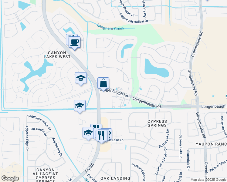 map of restaurants, bars, coffee shops, grocery stores, and more near 20211 Longenbaugh Road in Cypress