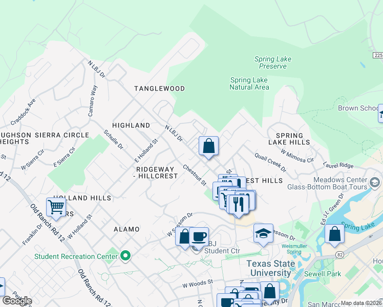 map of restaurants, bars, coffee shops, grocery stores, and more near 1220 Chestnut Street in San Marcos