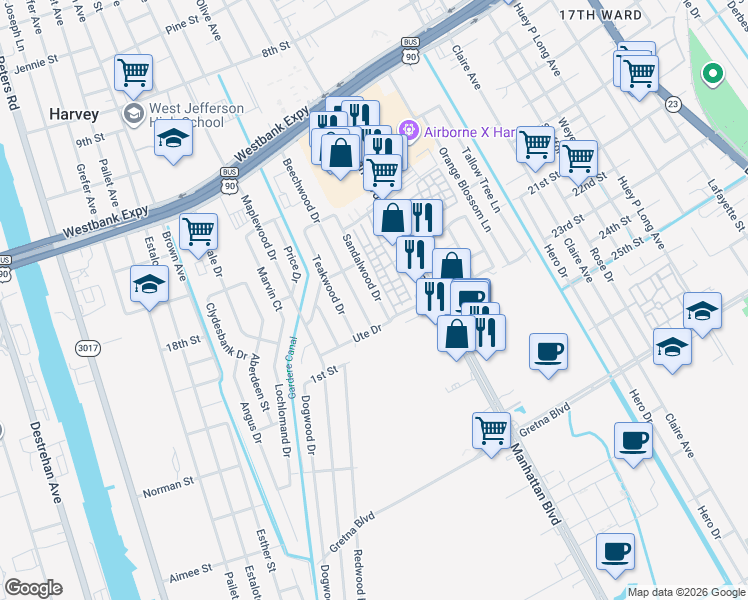 map of restaurants, bars, coffee shops, grocery stores, and more near 1140 Sandalwood Drive in Harvey