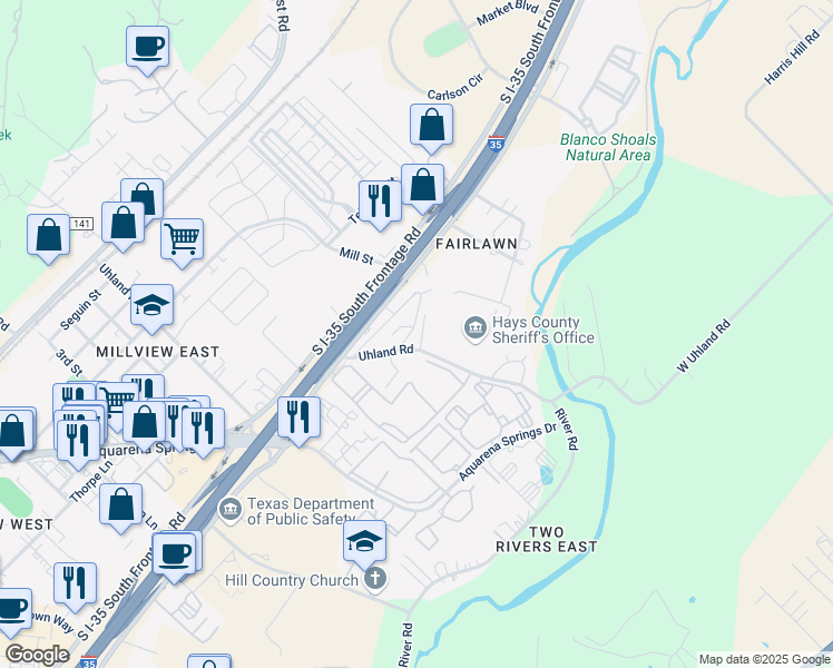 map of restaurants, bars, coffee shops, grocery stores, and more near 10 County Road in San Marcos