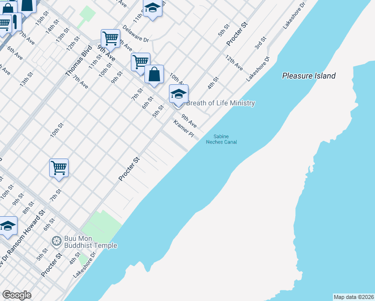 map of restaurants, bars, coffee shops, grocery stores, and more near 399 Dryden Place in Port Arthur