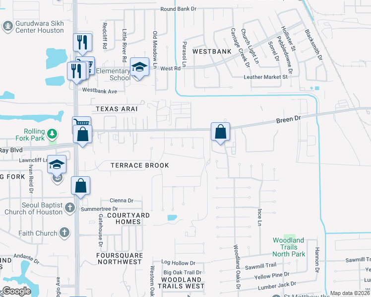 map of restaurants, bars, coffee shops, grocery stores, and more near 8002 Devon Lee Court in Houston