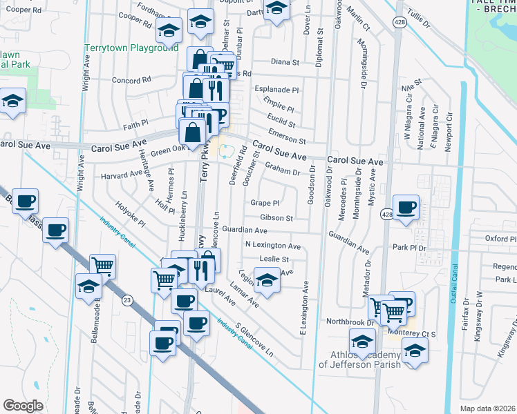 map of restaurants, bars, coffee shops, grocery stores, and more near 2120 Grape Place in Terrytown