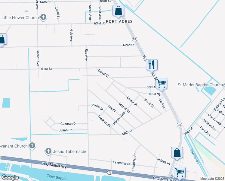 map of restaurants, bars, coffee shops, grocery stores, and more near 2232 Cedar Street in Port Arthur