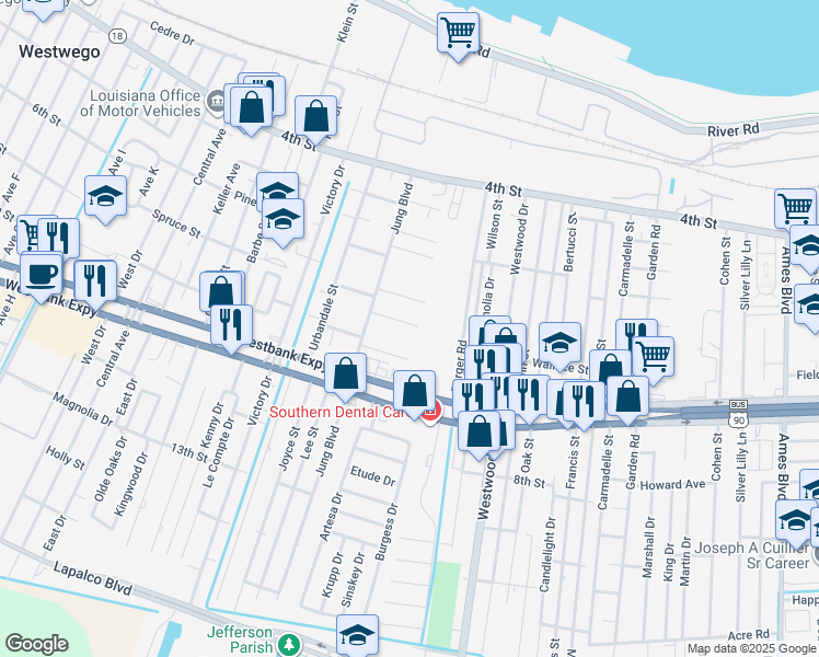 map of restaurants, bars, coffee shops, grocery stores, and more near 7409 Falcone Street in Marrero