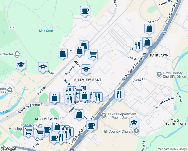 map of restaurants, bars, coffee shops, grocery stores, and more near 503 Uhland Road in San Marcos