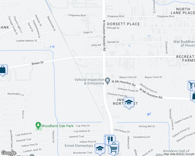 map of restaurants, bars, coffee shops, grocery stores, and more near 11403 North Houston Rosslyn Road in Houston