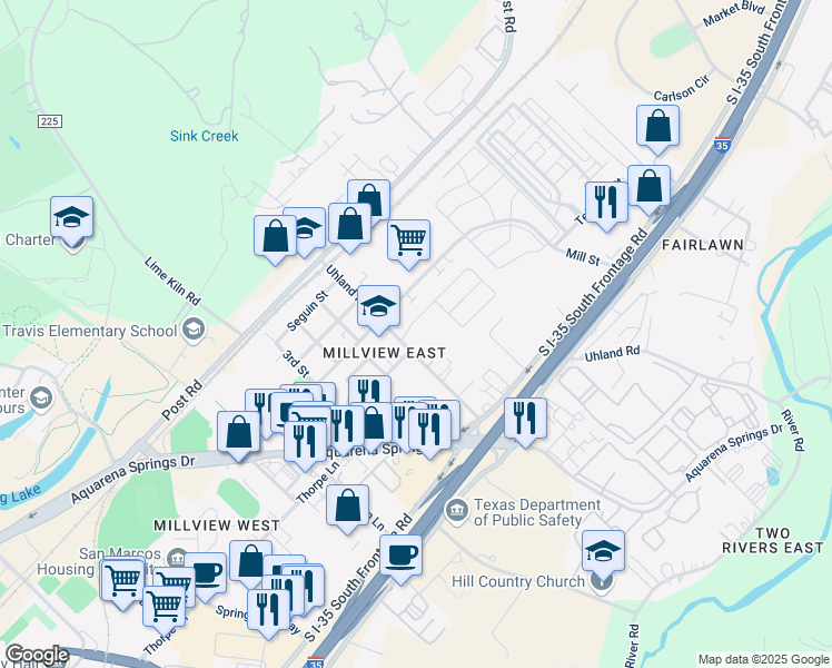 map of restaurants, bars, coffee shops, grocery stores, and more near 501 Uhland Road in San Marcos
