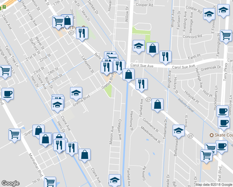 map of restaurants, bars, coffee shops, grocery stores, and more near 9 Mason Avenue in Gretna