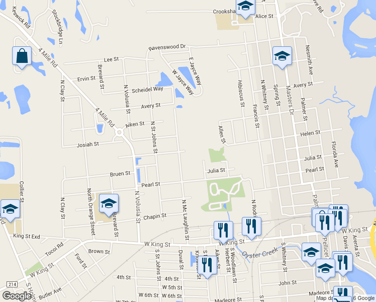 map of restaurants, bars, coffee shops, grocery stores, and more near 729 Helen Street in St. Augustine