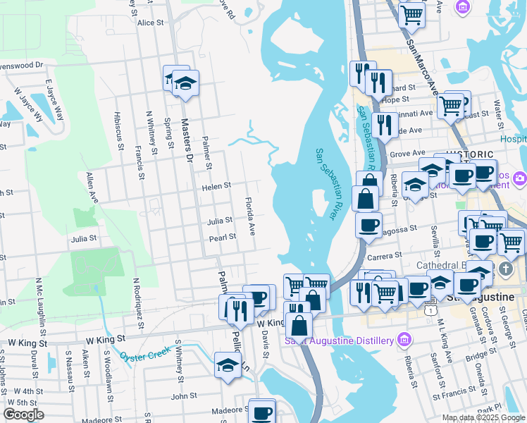 map of restaurants, bars, coffee shops, grocery stores, and more near 14 Julia Street in St. Augustine