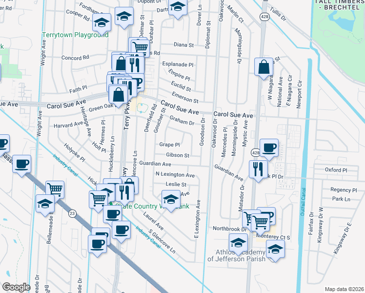 map of restaurants, bars, coffee shops, grocery stores, and more near 2152 Grape Place in Terrytown