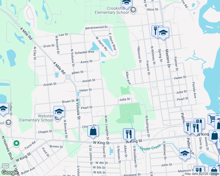 map of restaurants, bars, coffee shops, grocery stores, and more near 729 Helen Street in St. Augustine