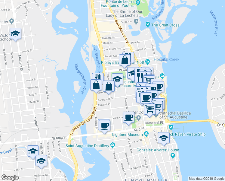 map of restaurants, bars, coffee shops, grocery stores, and more near 67 Orange Street in St. Augustine