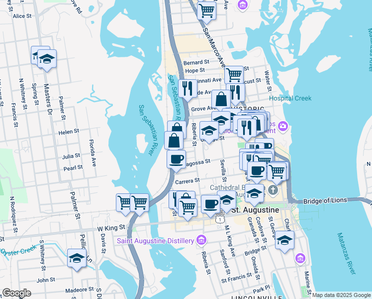 map of restaurants, bars, coffee shops, grocery stores, and more near 14 Riberia Street in St. Augustine