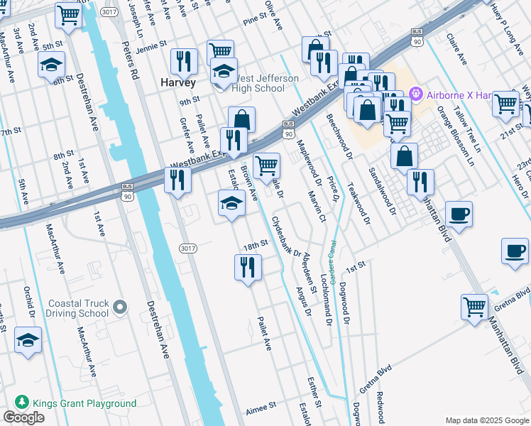 map of restaurants, bars, coffee shops, grocery stores, and more near 1108 Clydesbank Drive in Harvey