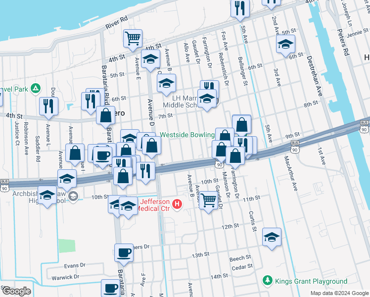 map of restaurants, bars, coffee shops, grocery stores, and more near 824 Avenue B in Marrero