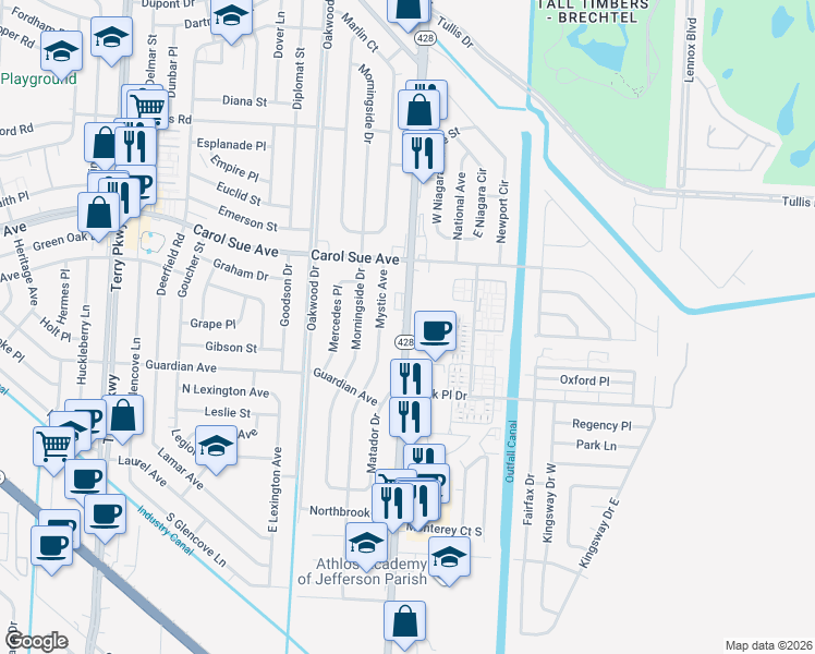 map of restaurants, bars, coffee shops, grocery stores, and more near 752 Behrman Highway in Terrytown