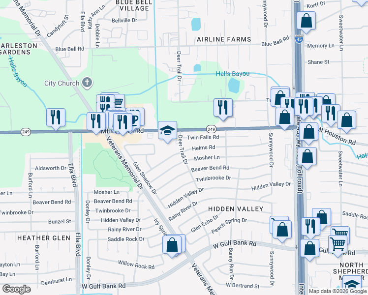 map of restaurants, bars, coffee shops, grocery stores, and more near 1150 Helms Road in Houston