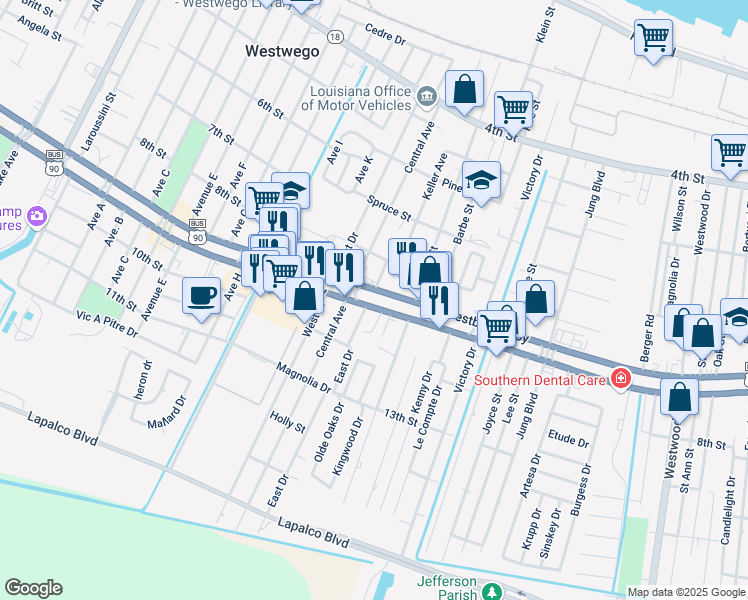 map of restaurants, bars, coffee shops, grocery stores, and more near 1330 Westbank Expressway in Westwego