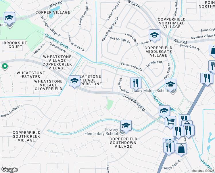 map of restaurants, bars, coffee shops, grocery stores, and more near 16015 Autumn Falls Lane in Houston