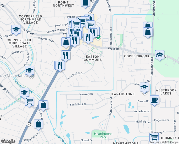 map of restaurants, bars, coffee shops, grocery stores, and more near 14831 Chetland Place Drive in Houston