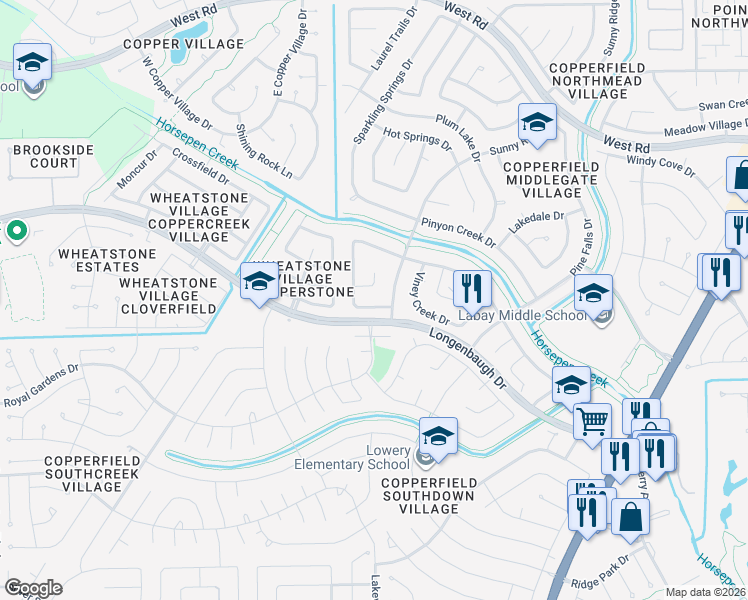map of restaurants, bars, coffee shops, grocery stores, and more near 16015 Autumn Falls Lane in Houston