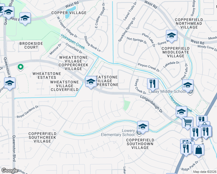 map of restaurants, bars, coffee shops, grocery stores, and more near 16127 Kintyre Point Road in Houston