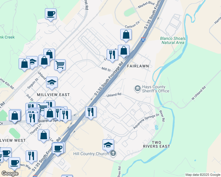 map of restaurants, bars, coffee shops, grocery stores, and more near 1706 North Interstate 35 in San Marcos