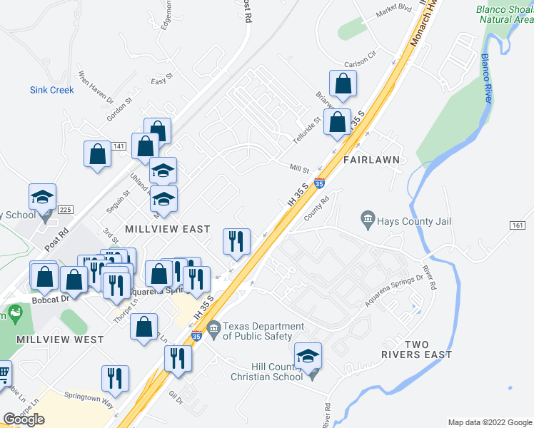 map of restaurants, bars, coffee shops, grocery stores, and more near 1701 North Interstate 35 in San Marcos